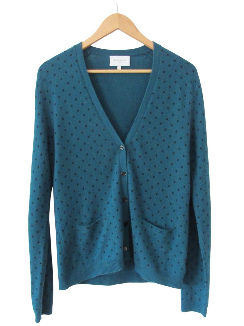 Eric Bompard Cashmere Cardigan Sweater Large Teal Blue Polka Dot Quiet Luxury